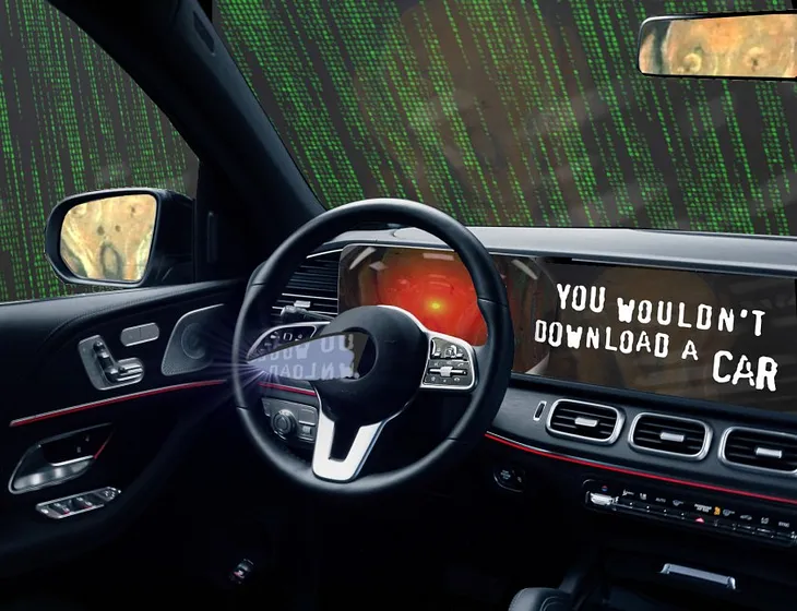 The interior of a luxury car. There is a dagger protruding from the steering wheel. The entertainment console has been replaced by the text ‘You wouldn’t download a car,’ in MPAA scare-ad font. Outside of the windscreen looms the Matrix waterfall effect. Visible in the rear- and side-view mirror is the driver: the figure from Munch’s ‘Scream.’ The screen behind the steering-wheel has been replaced by the menacing red eye of HAL9000 from Stanley Kubrick’s ‘2001: A Space Odyssey. Image: Cryteria