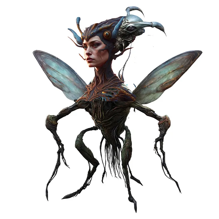 A Fairy Queen looks into the distance. She has an insectoid morphology.