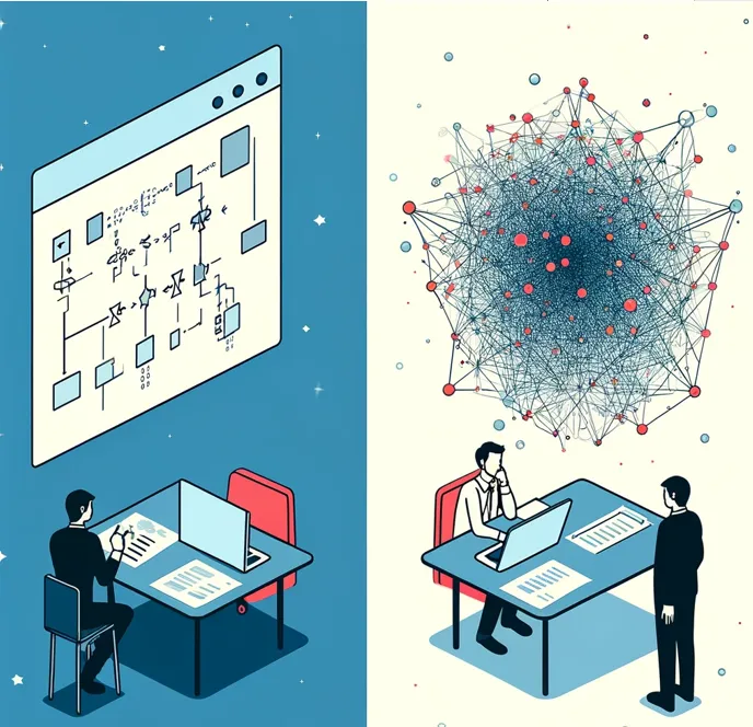 Contrast between Deterministic and stochastic approaches in optimization. Left : a person analyzing a structured flowchart (Deterministic). Right: a person observing a complex web of random points (Stochastic).