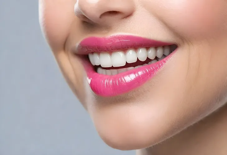 Bottom half of a woman’s face, wearing pink lipstick, showing white teeth with her smile