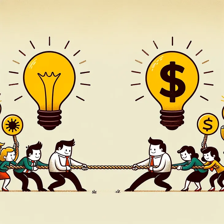 An image created using AI showing a marketing team on the left and sales team on the right. They are currently doing a tug of war.