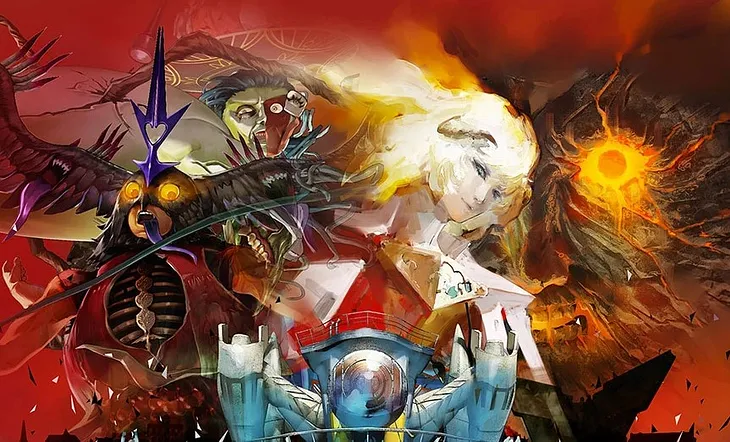 A cropped image of promotional artwork for the game Metaphor: ReFantazio. The crop places emphasis on some of the game’s villainous figures: Louis, several monsters known as Humans in game, and a big rocky face with glowing orange eyes.
