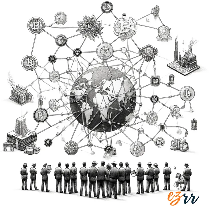 Black and white pencil sketch depicting interconnected networks and silhouetted figures representing law enforcement, analyzing a globe surrounded by cryptoasset symbols.