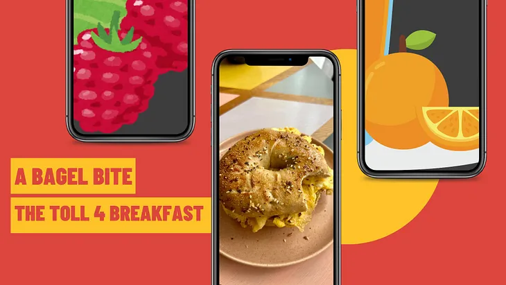 Cell phone screens showing strawberries, a bagel and citrus fruit against a red background.