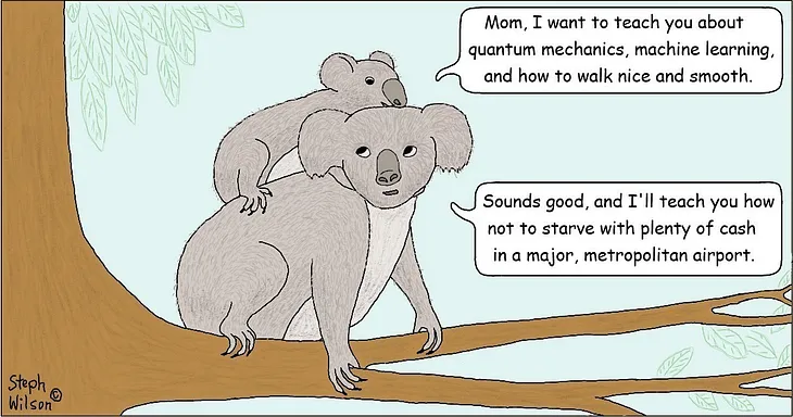Mother and child koalas discuss what they’ll teach each other.