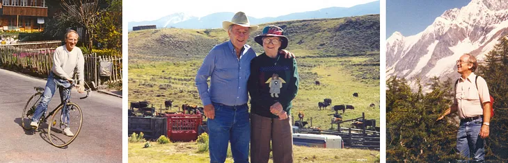 Hal on his bike in Switzerland, Hal and his wife Norma on a ranch, and Hal with a camera in the mountains