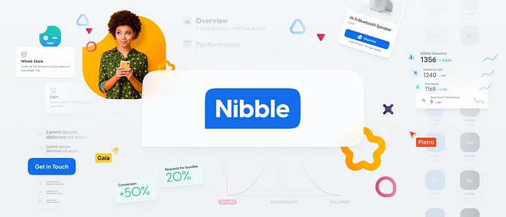 Composition made of Nibble logo and UI patterns from the design system