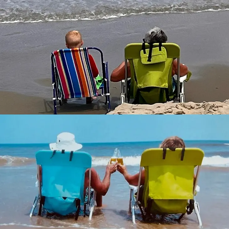 Two beach photos combined for contrast. The older of my husband and me in beach chairs taken from behind as we faced the ocean. The newer of my grandson and me, same position. Both photos taken in Corolla, NC about ten years apart.