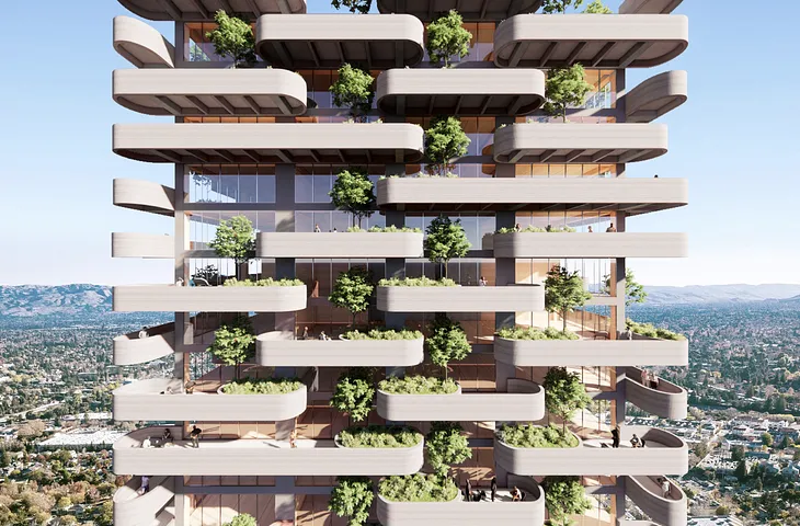 Architectural rendering shows a tall apartment building, with many large landscaped terraces, rising above the city of San Jose.
