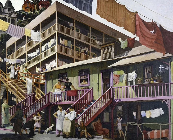 Image of the painting “Tenement Flats,” showing several women, children, and a dog outside a tenement with multiple clotheslines and Victorian style houses on a hill in the background