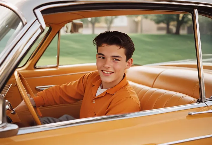 16 y.o. Caucasian boy driving a vintage Mercury automobile.