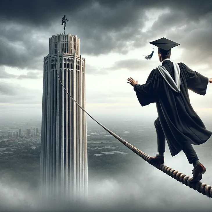 Generated by DALL-E with the prompt “Visualize a scene with a dramatic yet not overly ominous atmosphere, where a visibly scared academic in graduation robes is walking on a tightrope tow”