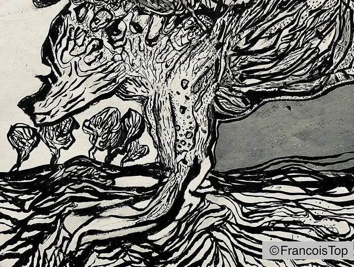 Black and white abstract illustration of a large, central tree with swirling, textured bark and branches. Smaller, similarly styled trees appear in the background, set against a sky shaded in gray tones. The image is highly stylized with bold, expressive lines. A watermark in the bottom right corner reads “©FrancoisTop.”