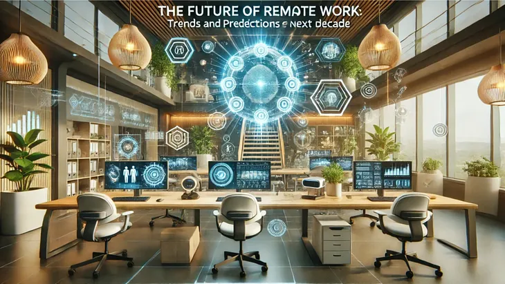 A modern office space with two desks and computers, showcasing futuristic holographic displays of data and graphs floating above the workspace. The room has large windows, plants, and stylish hanging lights. Text overhead reads ‘THE FUTURE OF REMOTE WORK Trends and Predictions next decade.