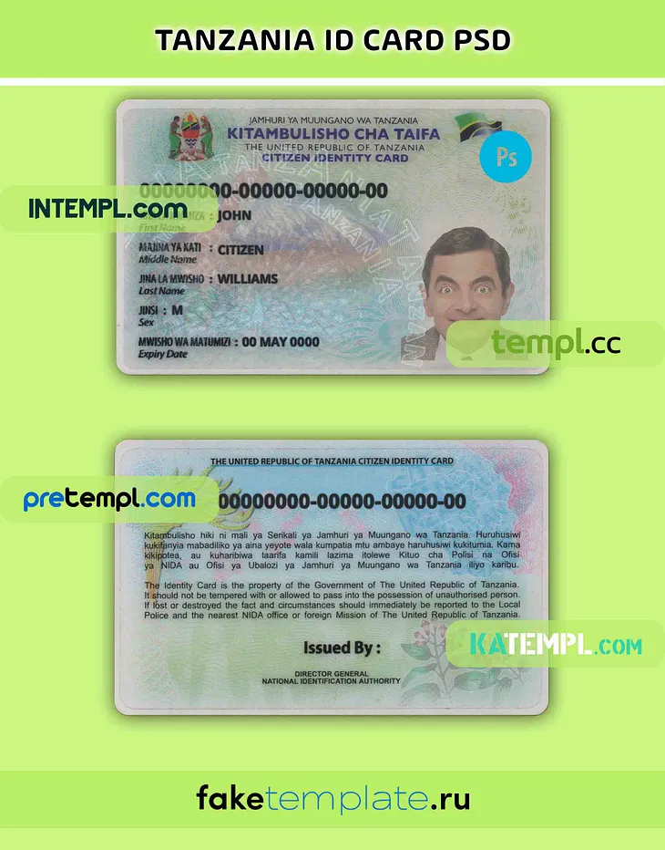 Tanzania identity card PSD template, with fonts, version 2