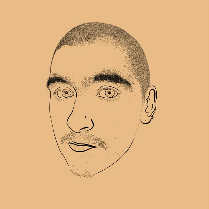 Another drawing of the same person’s face. Some time has passed since the previous image. They have a buzz cut, very bushy eyebrows, an obvious monobrow, and their eyebrows meet their hairline. They have a moustache, scraggly chin hairs, and peach fuzz down from their sideburns to jawline. Two distinct moles define their left cheek.