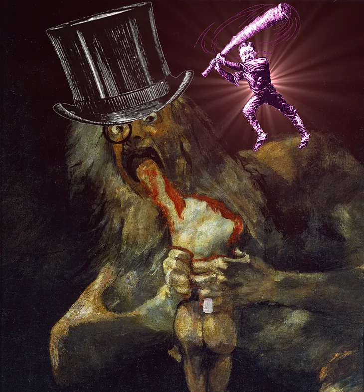 An altered version of Goya’s ‘Saturn Devouring His Children.’ Saturn wears a black top-hat, a monocle and a diamond pinky-ring. On his shoulder perches a trustbuster-era editorial cartoon depicting Roosevelt swinging his ‘big stick.’