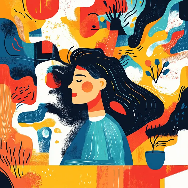 An colourful abstract image of a lady with long black hair looking to the left with her eys closed with colourful abstract thoughts around her. Looks like a painting in reds, yellows, blues and orange.