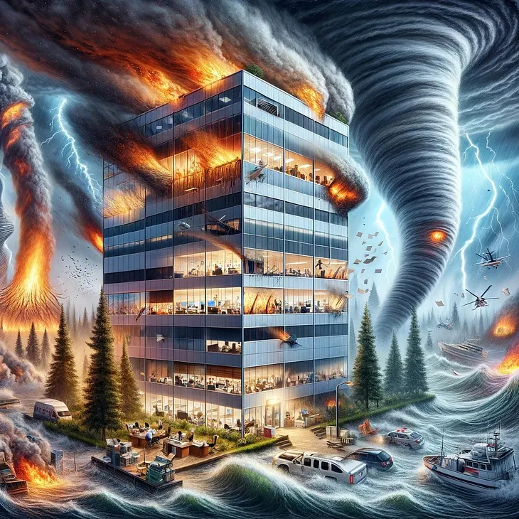 IMAGE: The building of an insurance company overwhelmed by various natural disasters. The scene depicts a dramatic and urgent scenario with the company’s building surrounded by forest fires, tornadoes, hurricanes, and floods, reflecting the challenges insurance companies face with a higher incidence of catastrophic events due to the climate emergency