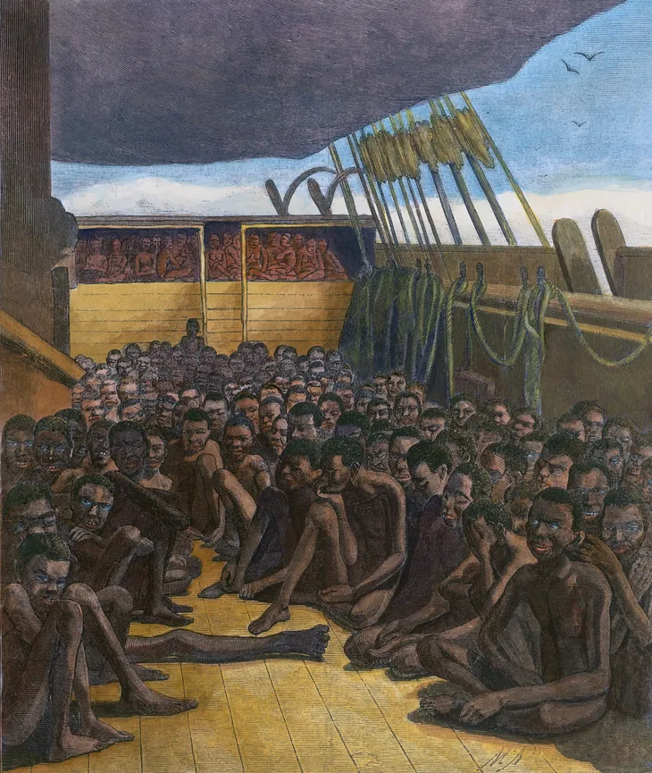 The slave deck of the ship ‘Wildfire’ captured transporting slaves 510 captives from Africa to the Caribbean, Wood engraving after daguerreotype made in Key West on April 30, 1860 with modern color.