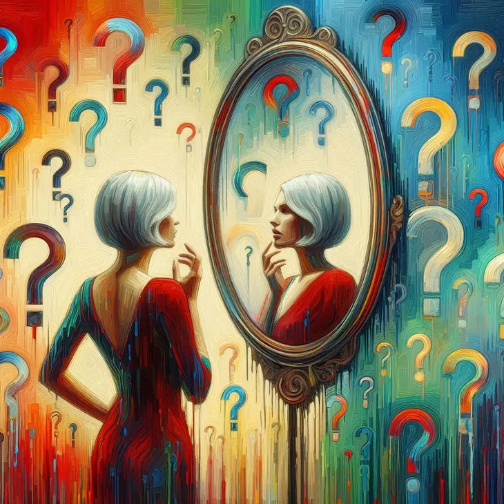 A white-haired woman surrounded by question marks looking in a mirror.