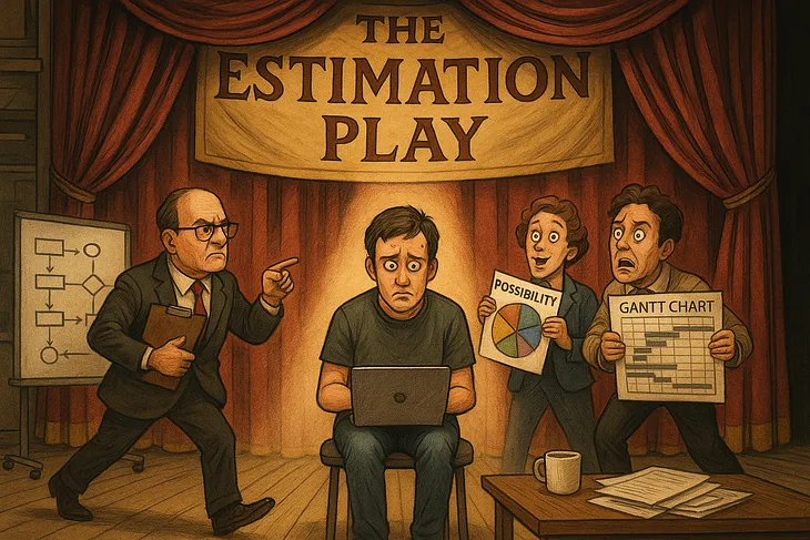 Cartoon illustration of a software developer on stage under a spotlight, looking stressed at his laptop. He’s surrounded by exaggerated corporate figures: an angry manager pointing, a cheerful consultant with a pie chart labeled “Possibility,” and a panicked colleague holding a Gantt chart. A banner above reads “The Estimation Play,” set against red theater curtains.