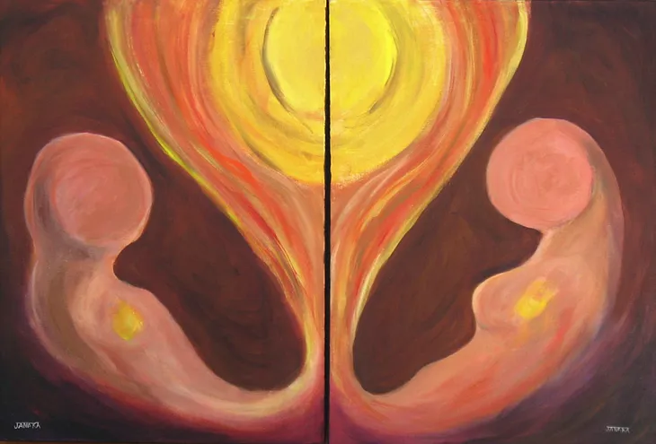 A golden sun radiates into abstract images of male and female.