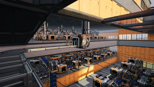 A multi-floor factory with many machines, conveyor belts, and windows.