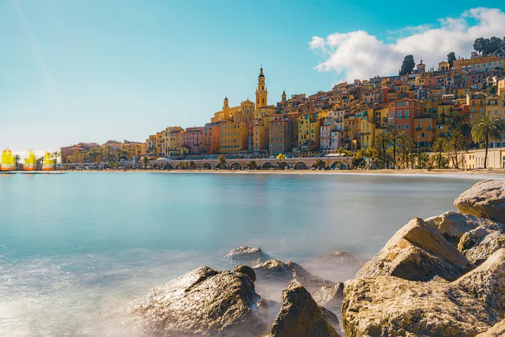 Menton, a coastal city on the border between France and Italy. Landscape.