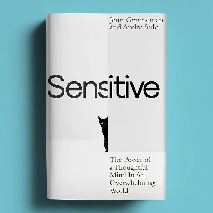 The coverpage of the book titled “Sensitive: The power of a thoughtful Mind in an Overwhelming World”. The cover page shows a black cat, hiding behind a grey block.