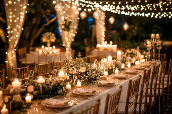 wedding venue table decorated with place settings, candles, and white florals with a canopy of fairy lights