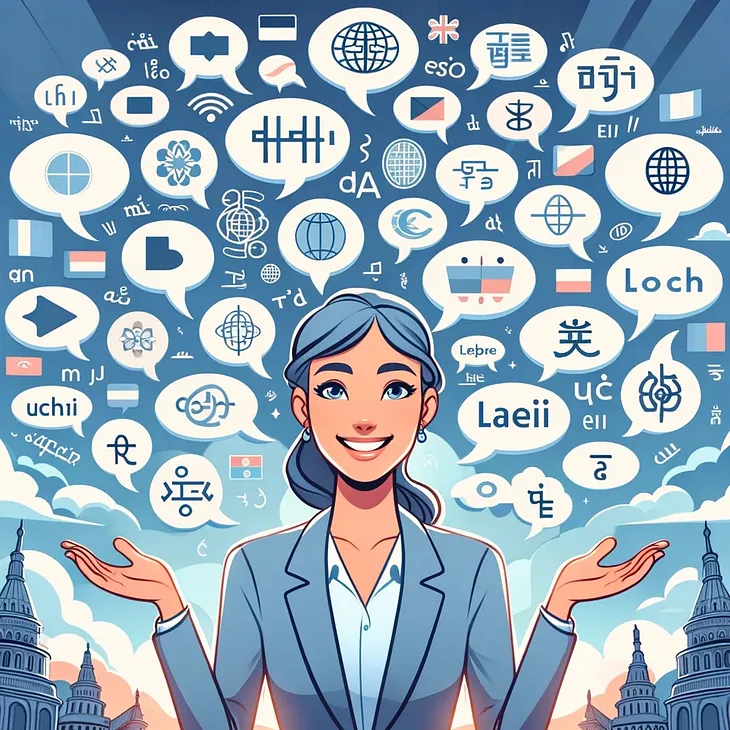 IMAGE: A happy woman surrounded by speech bubbles in various languages, symbolizing the joy and confidence that come with multilingual abilities