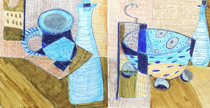 A sketchbook spread of a drawing of a vase, mug, and bowl with interlocking shapes, in a cubist style.