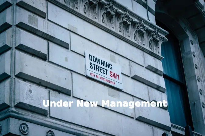 Photo of Downing Street, with caption “Under New Management”