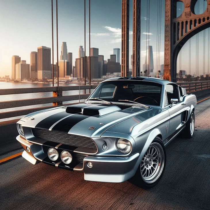 a silver ’67 Mustang fastback with black racing stripes on a bridge and a city skyline in the background