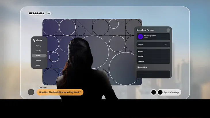 Person viewing a futuristic, translucent screen interface with circular data models and Bloomberg Forecast panel options, set against a cityscape background.