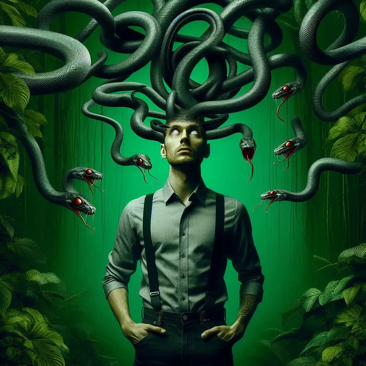 A man in front of a green jungle background. A tangle of snakes bursts from his head, and his eyes are blank.