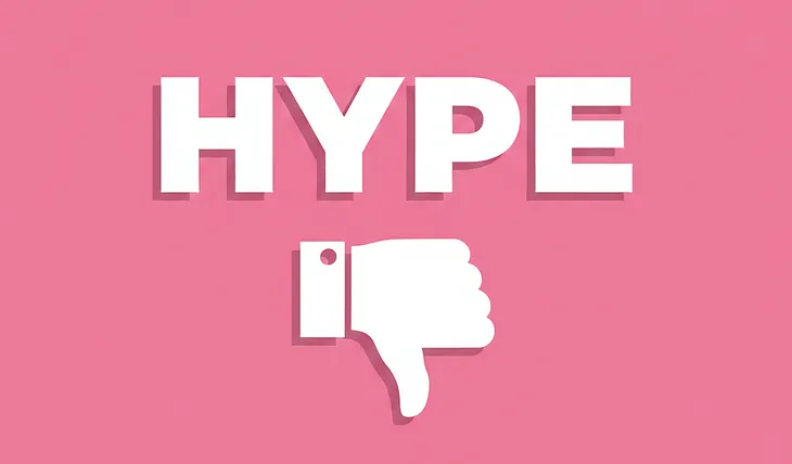 A word “hype” and a thumbs down icon on the pink background