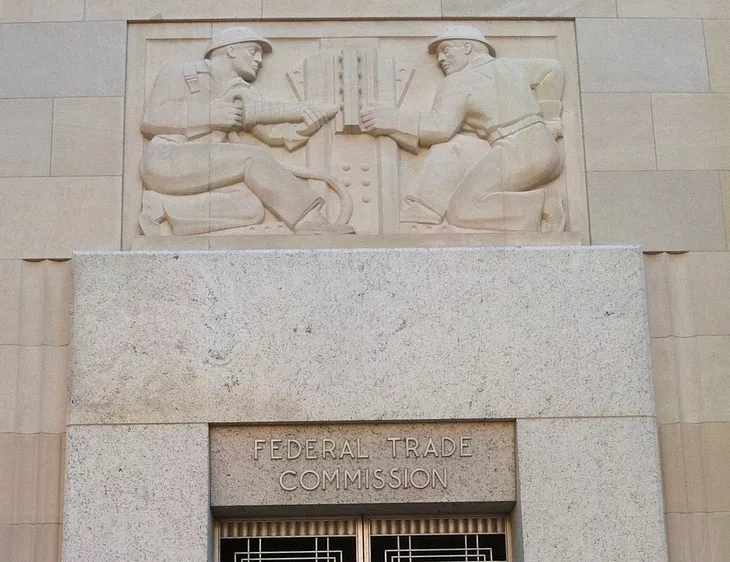 IMAGE: The main entrance to the Federal Trade Commission (FTC) in Constitution Av., Washington DC