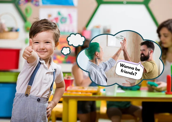 A young boy in a classroom gives a thumbs-up while smiling. In a thought bubble next to him, two adults are high-fiving, with one of them saying, “Wanna be friends?”