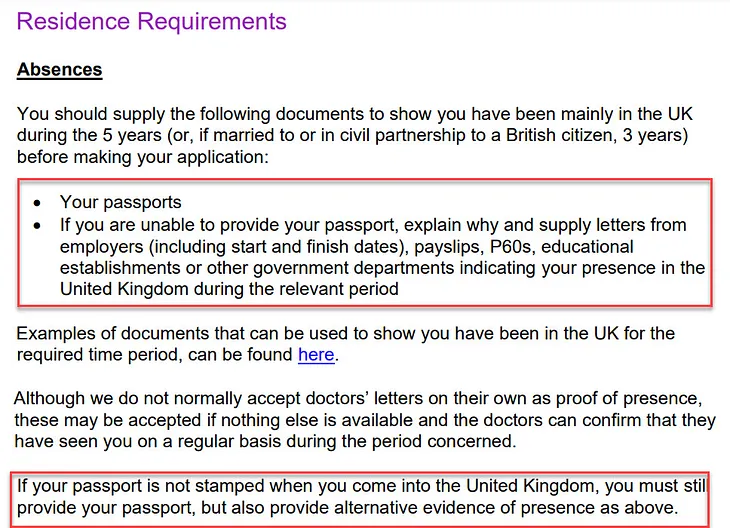 Screenshot of the residence requirements section of the guidance for UK citizenship applications.