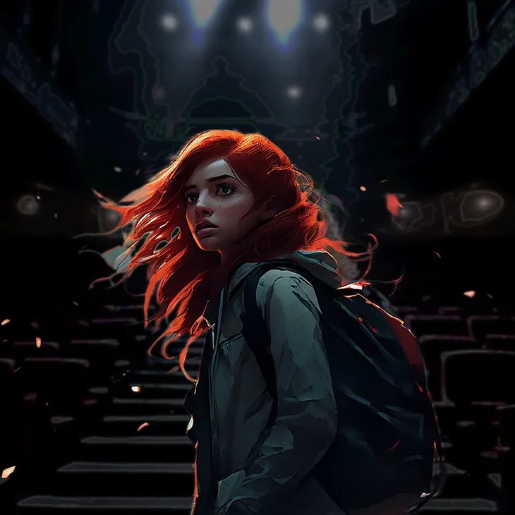A terrified, redhaired young woman in an empty, darkened college lecture hall