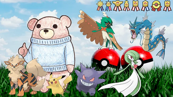 A picture of Grizzz’s bear avatar giving a thumbs up. Posing with him from left to right are Arcanine, Pikachu, Gengar, Gardevoir, Decidueye, and Gyarado. All eight ribbons are displayed in the upper-right corner of the picture.