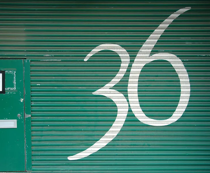 The number 36 is a pretty special kind of number, this graphic on a garage door is a painted number thirty six in white