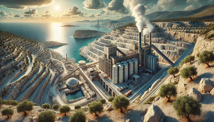 ChatGPT generated panoramic image of a limestone quarry with a biomass-burning kiln beside the ocean in Italy