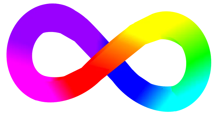 A rainbow-colored infinity symbol, often used as a symbol of pride within the autistic and neurodiverse communities at large.