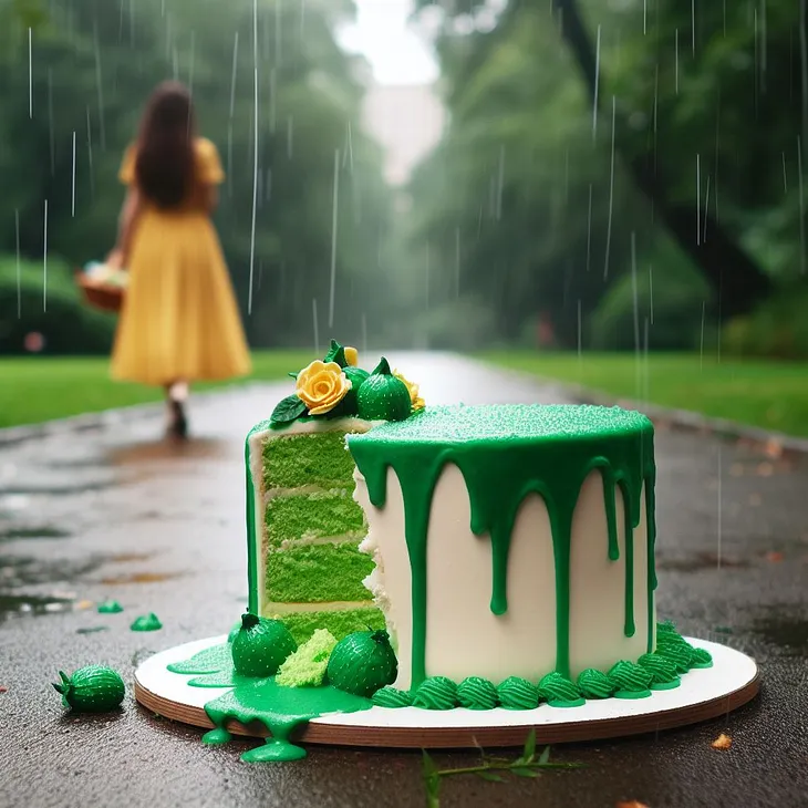 Image created by the Author with Bing and Dall-E AI It’s a cake, left in a park in the rain. The icing is beginning to dribble down the sides and on to the platter as the cake starts to collapse in the rain. A girl in a yellow dress, with long black hair and carrying a basket, is walking away from the cake. The cake has been cut and one large slice removed.