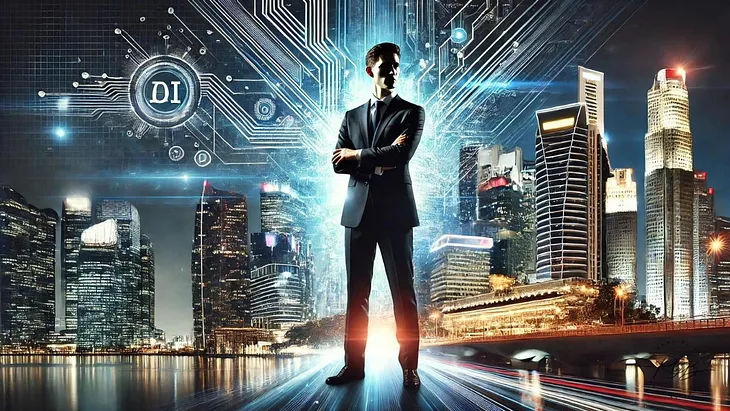 Confident CEO standing at the forefront of a futuristic cityscape with AI elements like circuits and digital data streams in the background, symbolizing AI and digital transformation leadership.