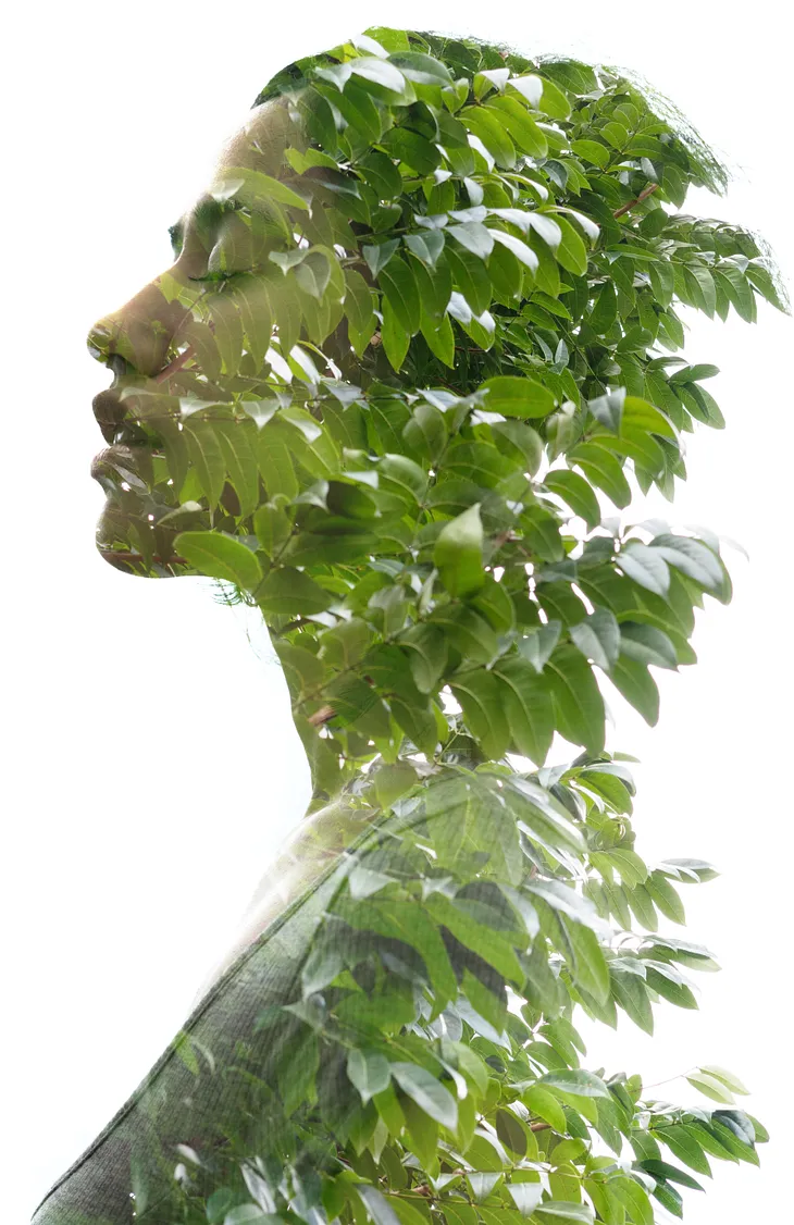 Abstract image of the left-side profile of a young woman mixed with the superimposed image of numerous green leaves on the back of her head, as if she was part of a tree