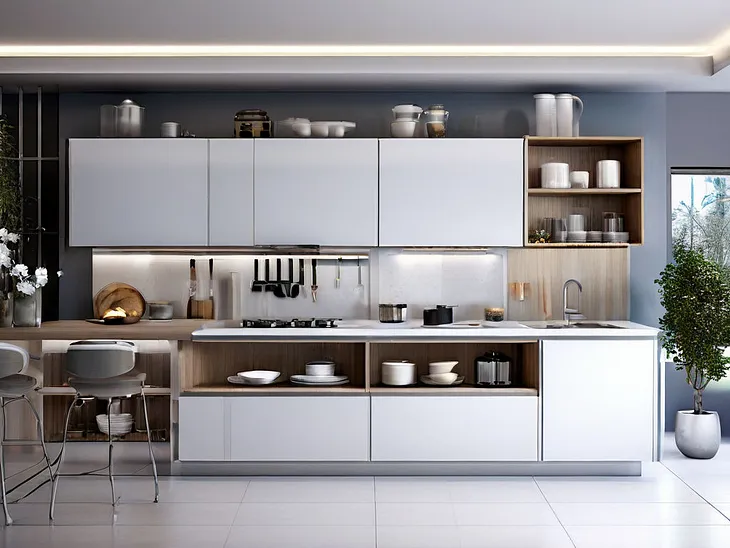 The image shows a 3D rendering of a modern L-shaped kitchen with white cabinets and countertops. The cabinets have a glossy finish and thin, horizontal handles. A stainless steel sink with a faucet is inset into the countertop in the corner.